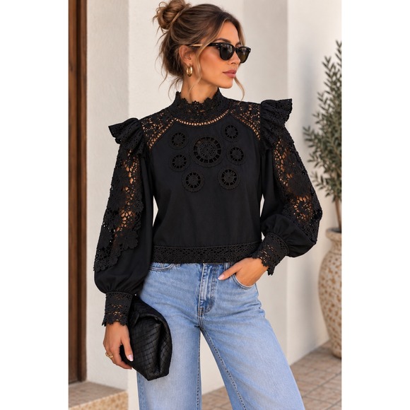 FARM Rio Tops - FARM Rio Black Crochet Lace Cutout Puff Sleeve Blouse Top Small Romantic Boho